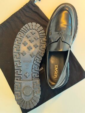 Versace Black Patent Leather Penny Loafers with Signature Tread
